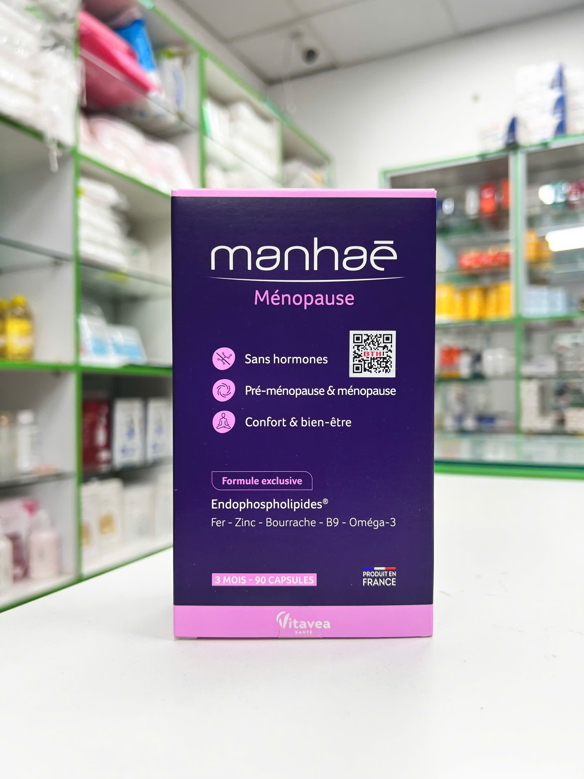 Viên uống cân bằng nội tiết Manhae Ménopause 90viên — hộp tím đậm, nhãn Ménopause và thông tin sản phẩm